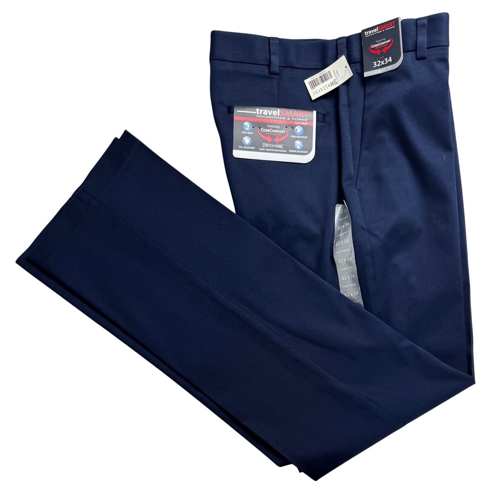 Roundtree & Yorke TravelSmart Mens 32x34 Dark Navy Blue Classic Fit Dress Pants